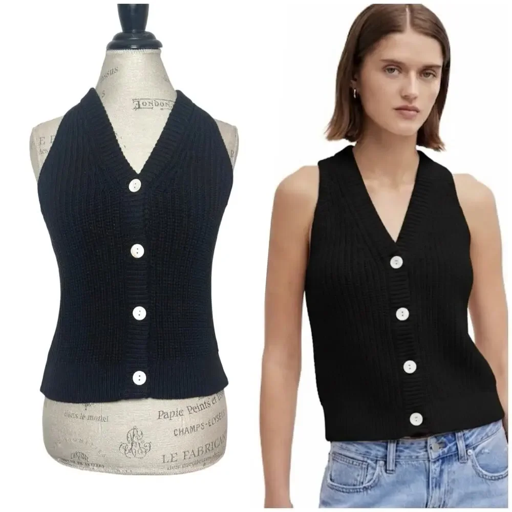 Madewell | Women | Black Heavy Ribbed Knit B-Neck Cutaway Sweater Vest | Small